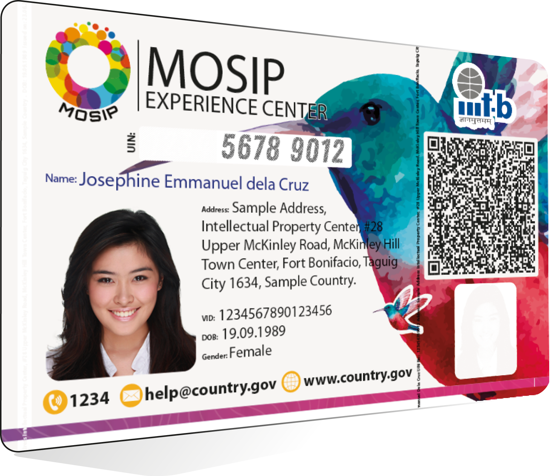 MOSIP-style secure identity card with photo, QR code and tamper-evident fields