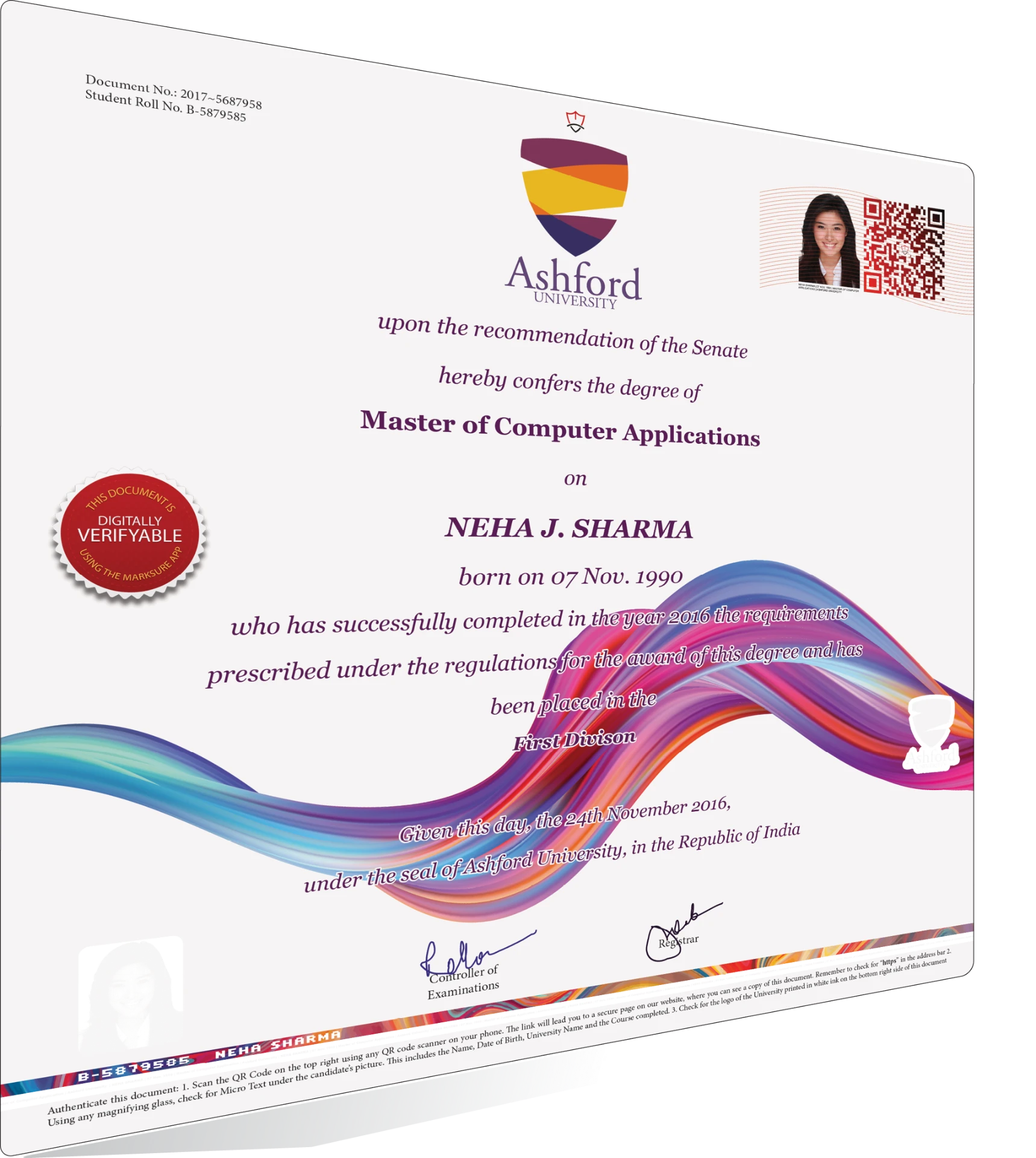 Sample degree and marksheet with dual QR verification and tamper-evident security features